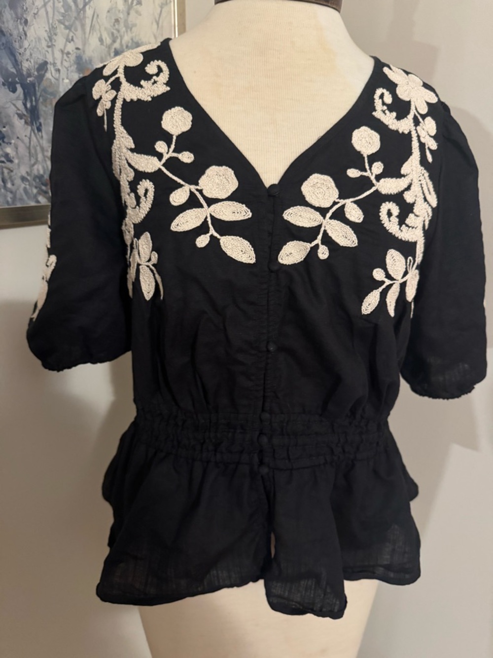 Talbots Black Blouse with Cream Floral Embroidery